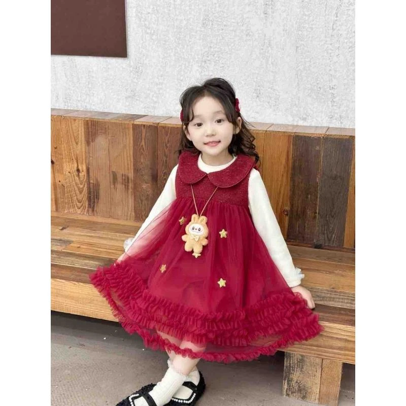 【新疆包邮】小童小布娃娃领连衣裙两件套A110