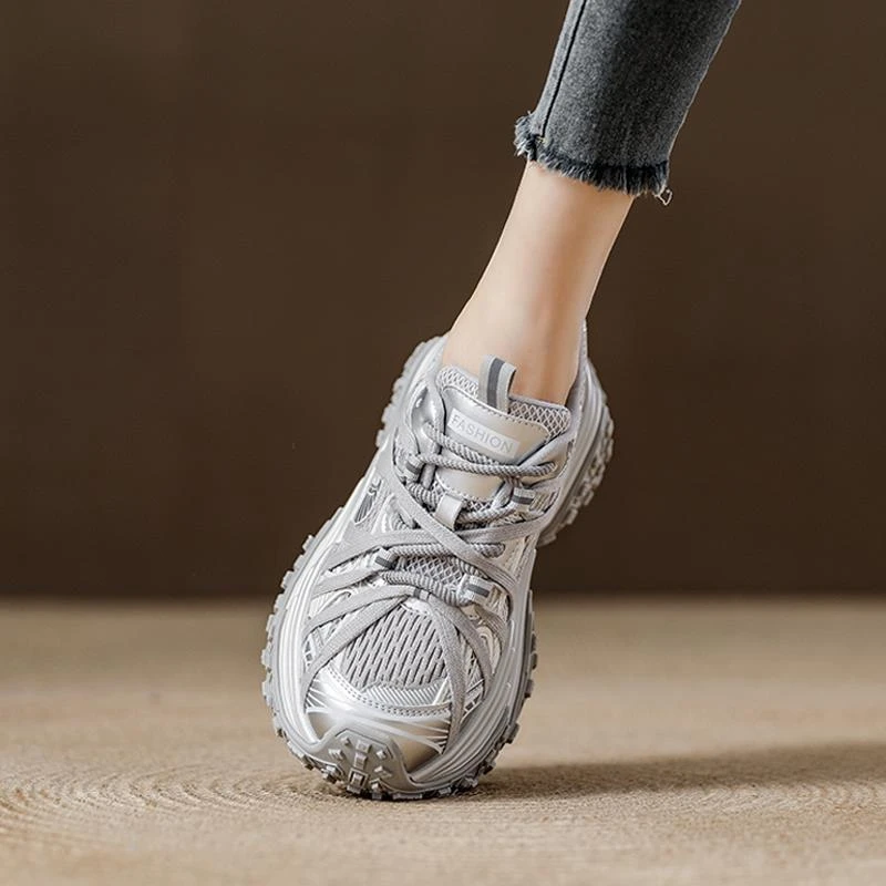 超火2025新款厚底松糕鞋春季银色老爹鞋女女鞋透气增高运动鞋复古
