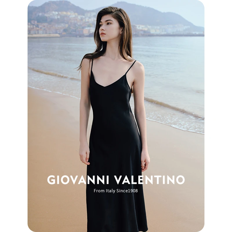 GIOVANNI VALENTINO凉感吊带裙女2025夏季新品黑色中长款女连衣裙