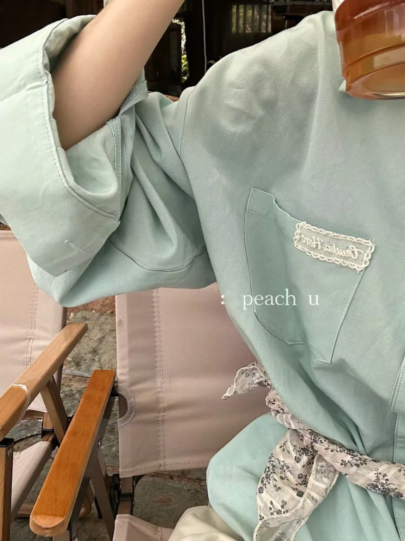 Peach自制  一眼就被吸引！胸口蕾丝设计感韩系休闲衬衫 9735-1