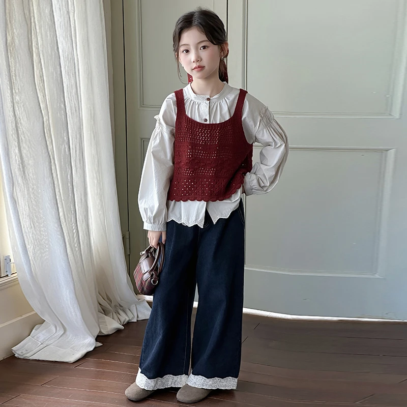 女童秋装套装2025新款韩版儿童针织马甲阔腿裤三件套女孩早秋衣服