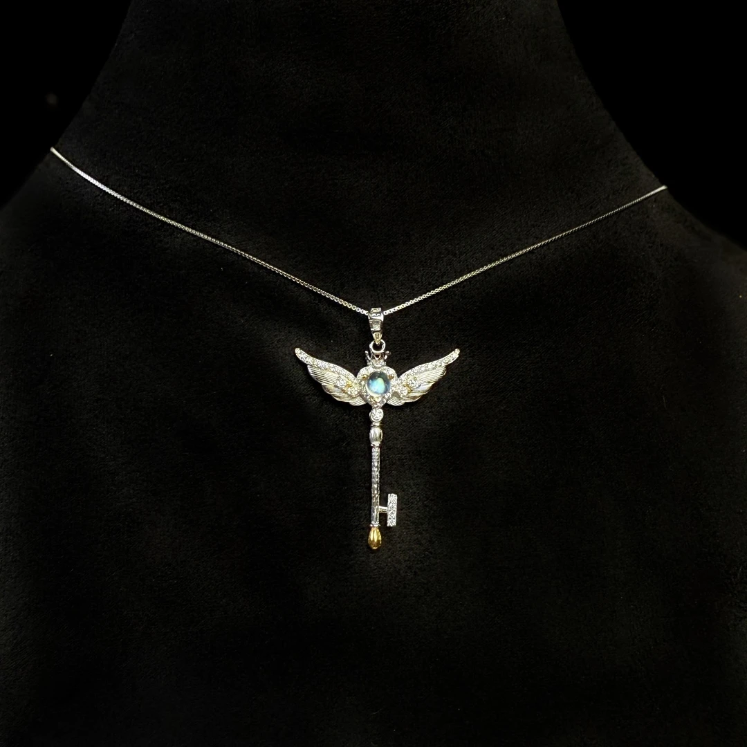 【天使之翼】天然月光石-翅膀权杖s925银吊坠-h27