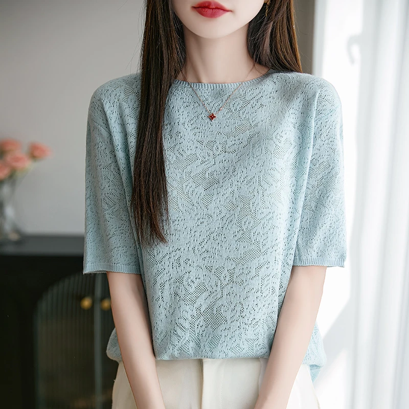 女镂空针织衫夏季薄款短袖气质百搭显瘦圆领针织高端蕾丝修身中袖