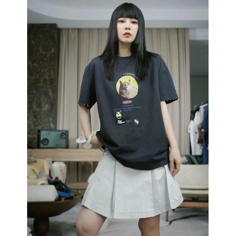 infobyfive2025夏季新款橘猫黑白猫手工钉珠短袖圆领T恤NF0504118