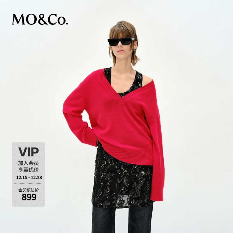 MOCO毛衣2025春新品美丽诺绵羊毛山羊绒宽松V领红色MBE1SWTT02