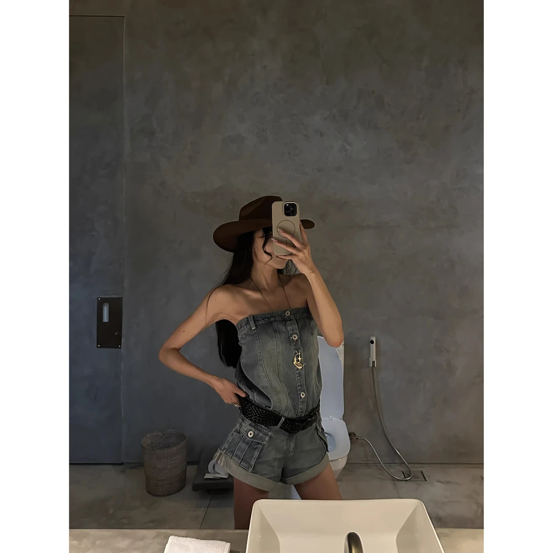 美式辣妹穿搭女2025夏季新款设计感蓝色牛仔连体裤时尚复古短裤