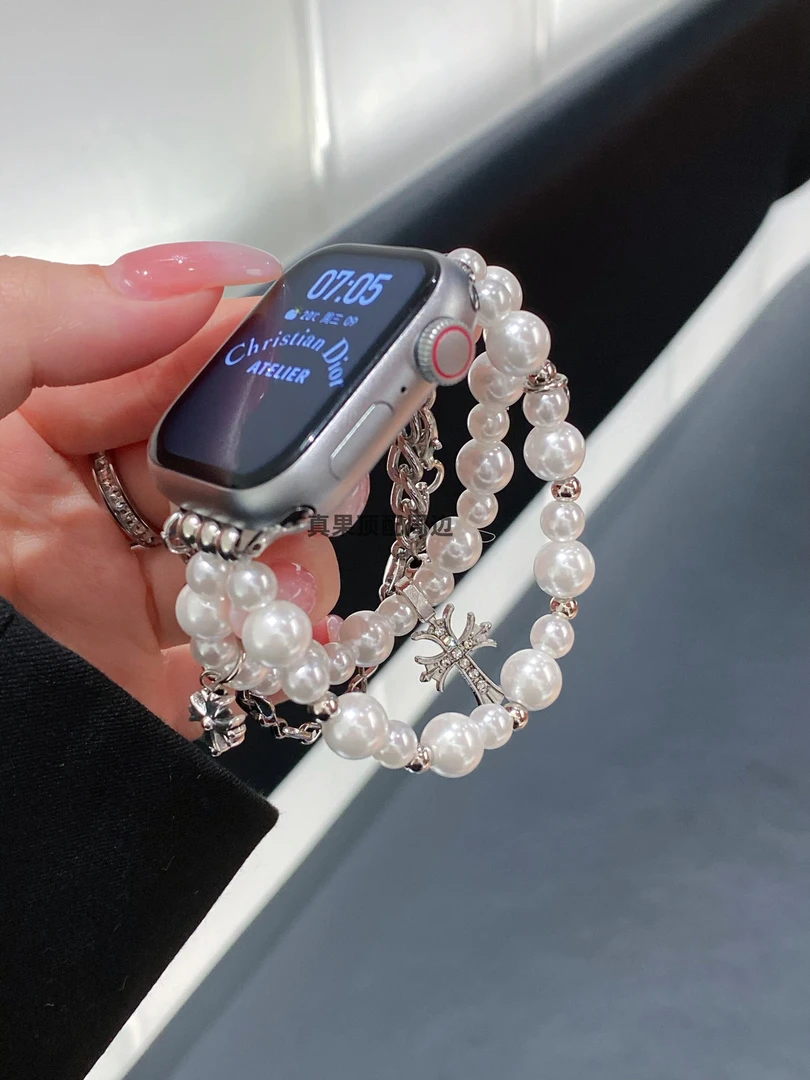 适用小米手环9pro表带金属克罗心镶钻珍珠红米watch5手表女款腕带