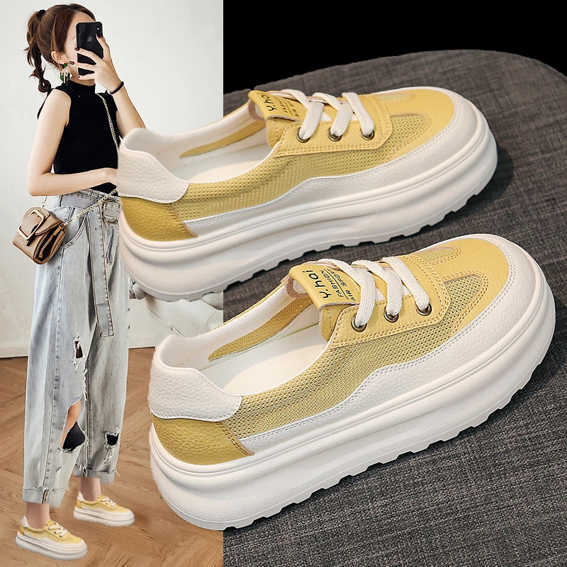 Y.HAI品牌欧若风2025新款小白鞋女百搭夏季厚底运动透气网面板鞋