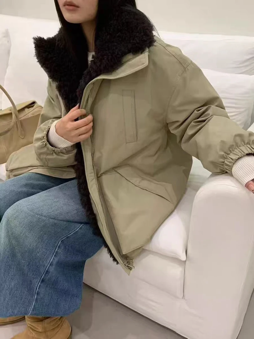 Y81区2825卡其色极简风短款韩版工装风加绒冬季长袖