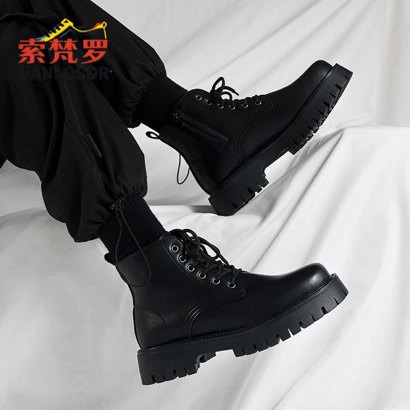 厨师男鞋秋季防滑防水厨房高帮皮靴黑色休闲皮鞋冬季运动马丁潮鞋