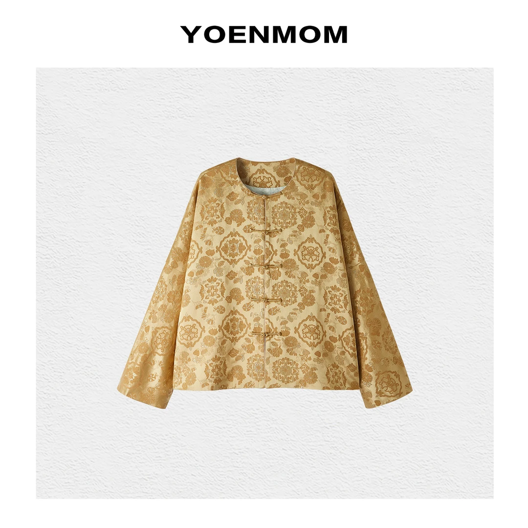 YOENMOM·东方气韵·早春新品 桑蚕丝羊毛织金撞色翻袖中式圆领外套