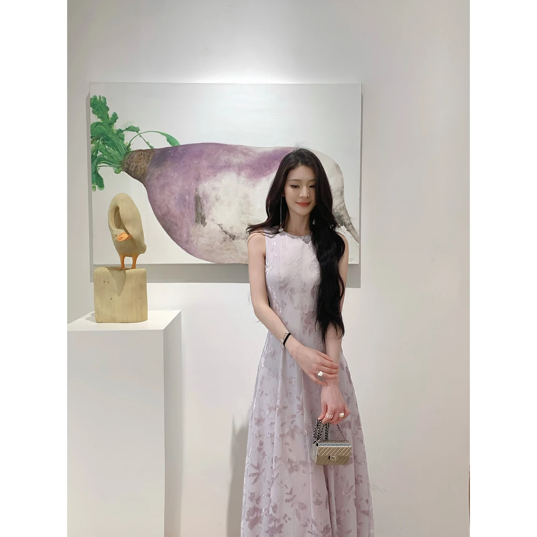 ICELOLLY紫色薄纱无袖丝绒背心连衣裙女夏独特漂亮掐腰裙子小个子