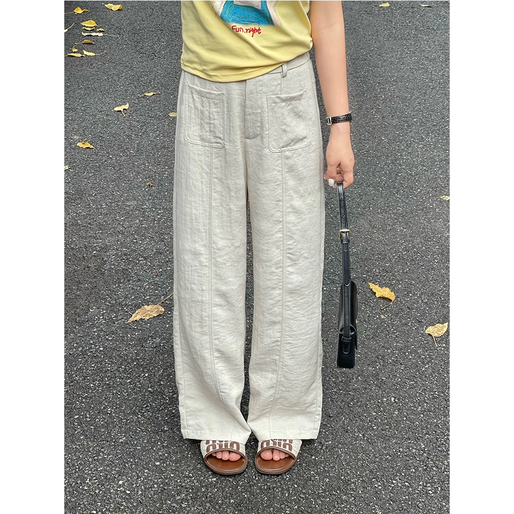 WenWen小个子2025新款薄高腰宽松口袋设计直筒裤休闲百搭裤3774
