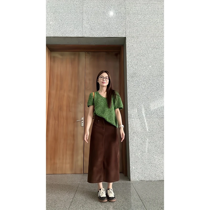 早秋绿色显白短袖宽松外穿慵懒风短袖毛衣针织显瘦气质半身裙