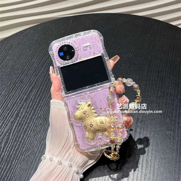 适用vivo x flip手机壳折叠屏新年透明金箔小马福袋防摔保护壳女