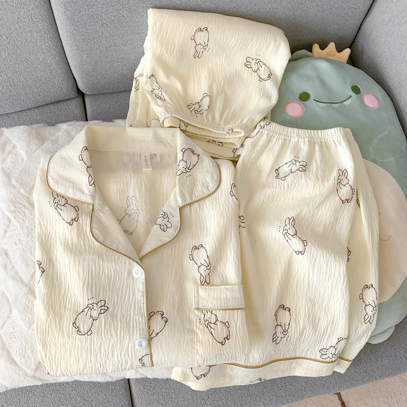 三件套日系可爱兔子云朵棉睡衣女夏季短袖薄款大码卡通ins家居服