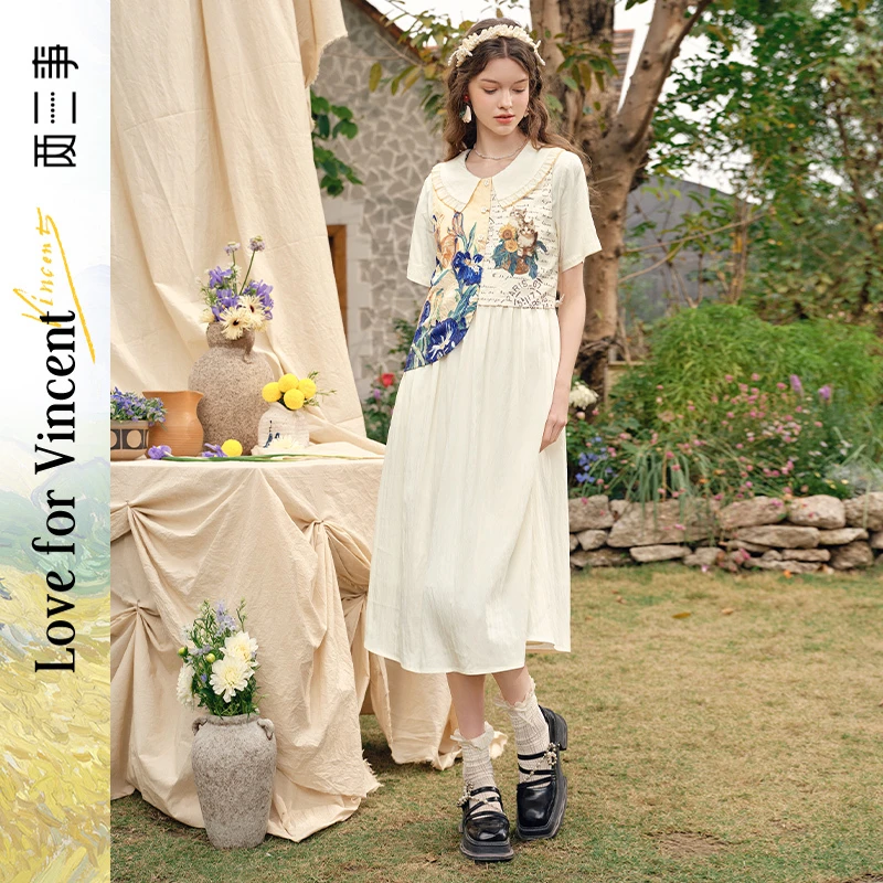 两三事梵高文艺馥郁诗意荷叶边翻领拼接连衣裙