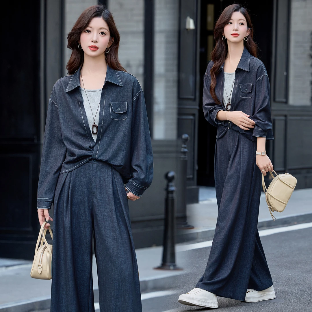 设计感时尚气质牛仔套装女2025年春秋新款慵懒风宽松阔腿裤三件套