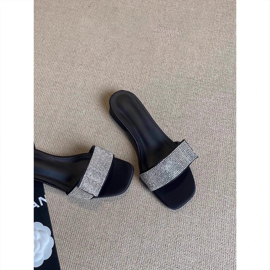 夏季新款法式方头水钻一字拖鞋女时尚百搭平底凉拖鞋女外穿夏