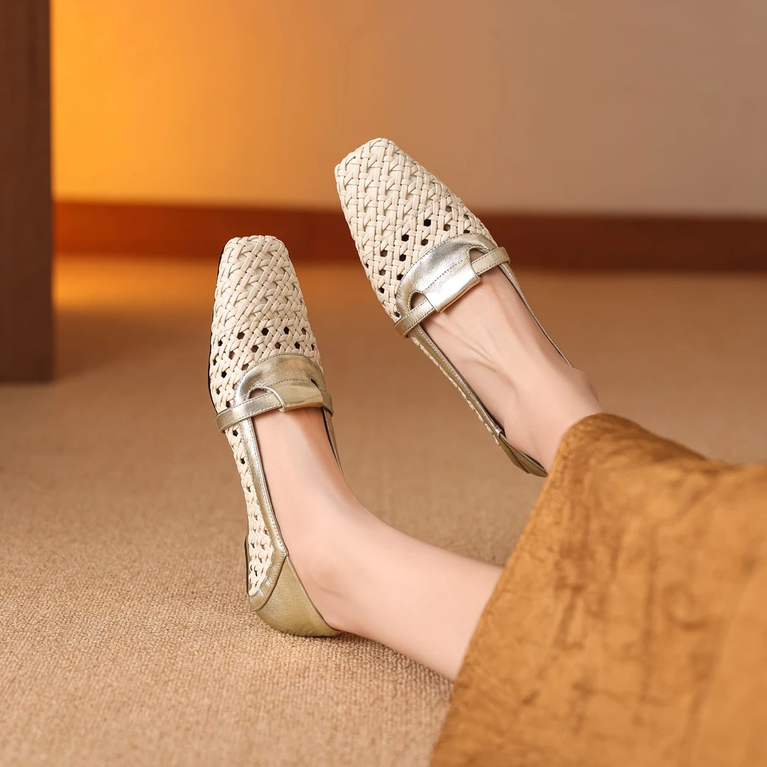 2.5厘米法式仙女风牛皮单鞋女夏季透气镂空浅口鞋低跟小香风方头