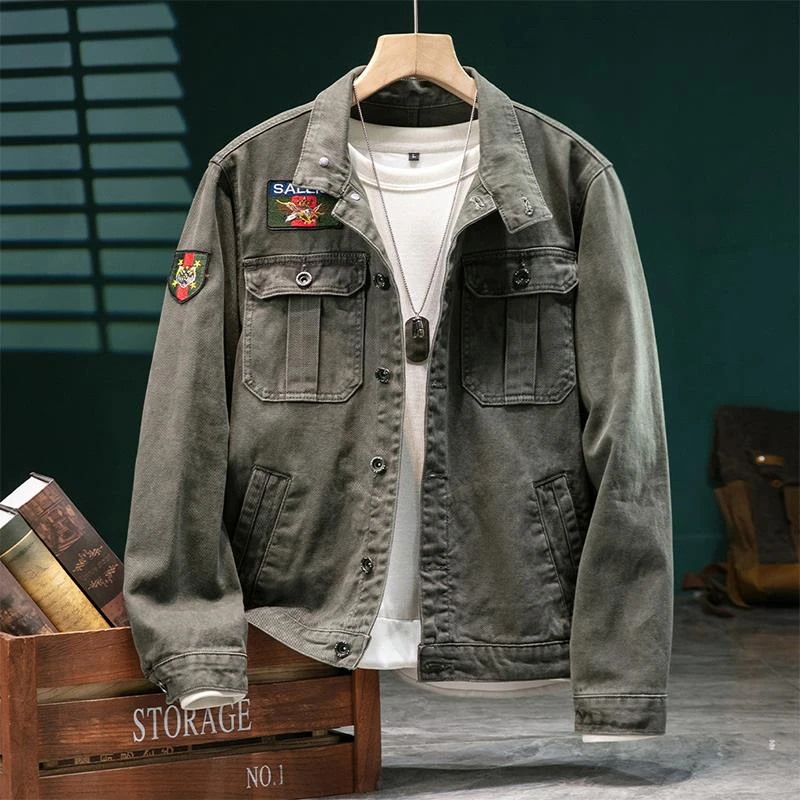 2025春季新款军绿色牛仔外套男高级感痞帅臂章大码工装休闲夹克男