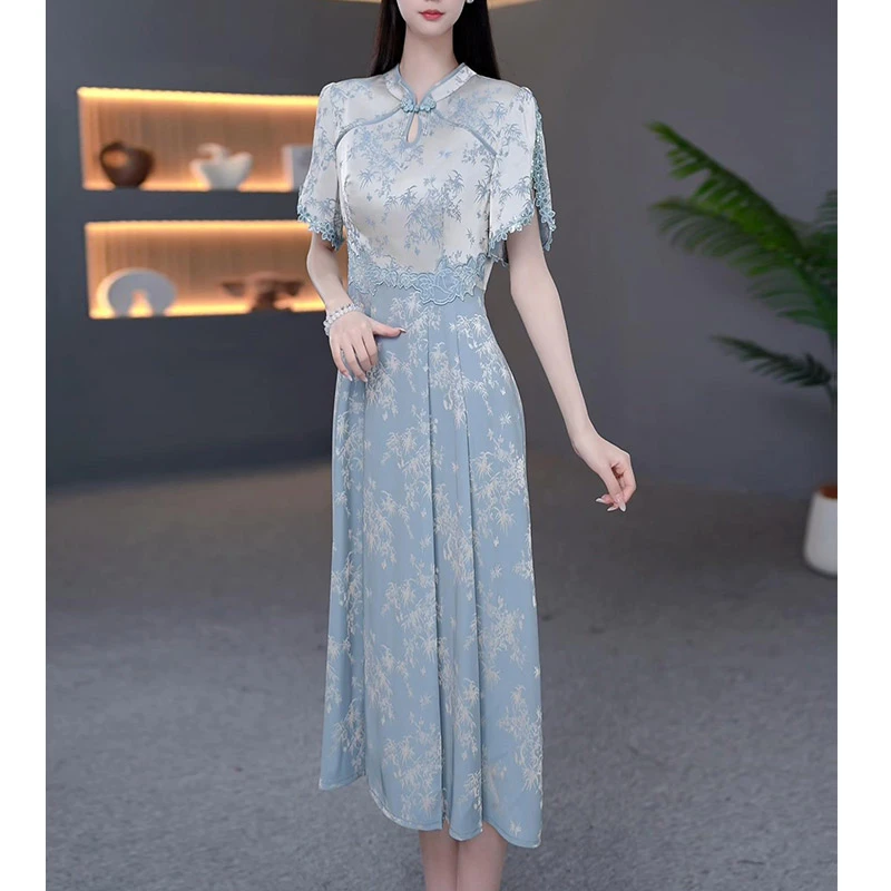 DBF-25A357YR 新中式清新减龄刺绣时尚双色双织旗袍连衣裙 M-5XL