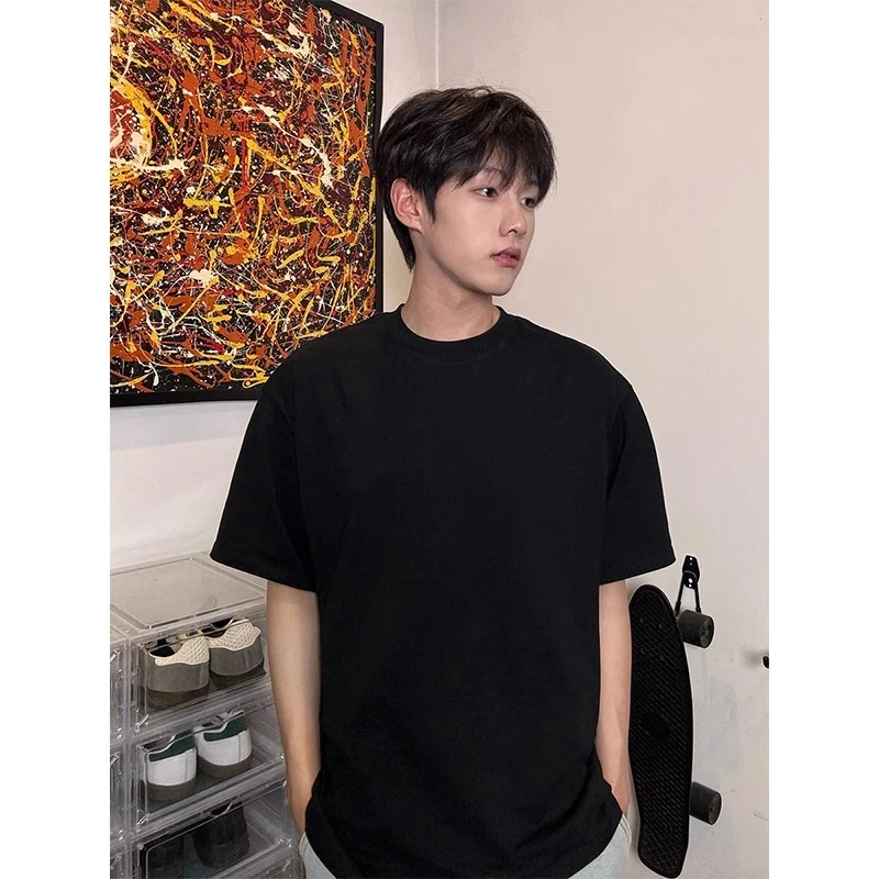 纯黑色小领口正肩短袖男夏季纯棉高克重磅t恤高级感美式复古半袖