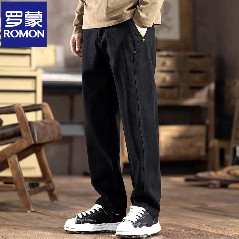 罗蒙微胖男士牛仔裤秋季新款直筒休闲裤宽松大码垂感阔腿长裤子男