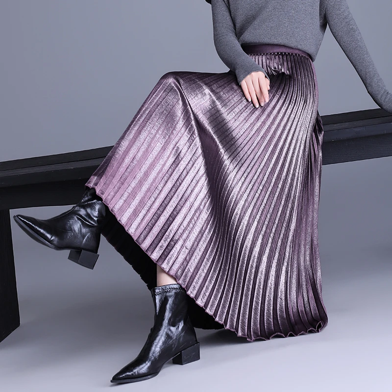 金属色缎面百褶裙女2025新款中长显瘦青丘半身裙秋垂感a字大摆裙
