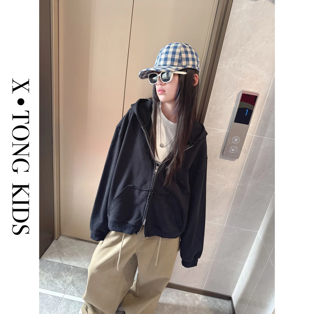 【X•TONG】巴黎风重工磨破连帽拉链卫衣 8093