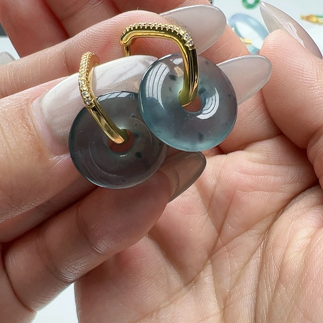 翡翠耳饰银S925镶嵌天然缅甸A货翡翠