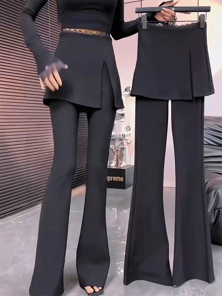 蕾丝腰假两件喇叭裤裙高腰显瘦梨形身材修身休闲长裤春季新款