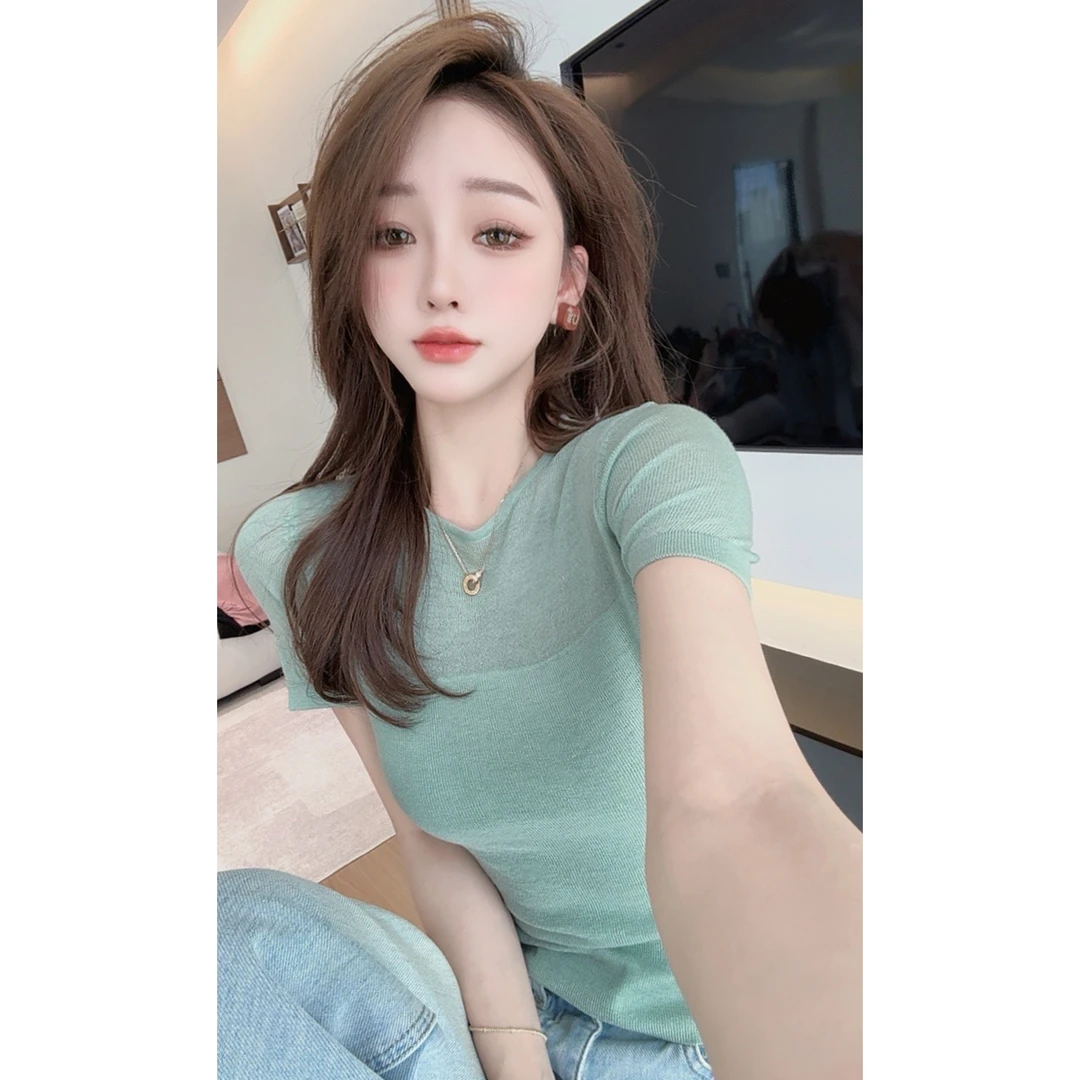 【陈陈私服】欧若风33%超细羊毛 微透上衣减龄短袖针织衫25032404