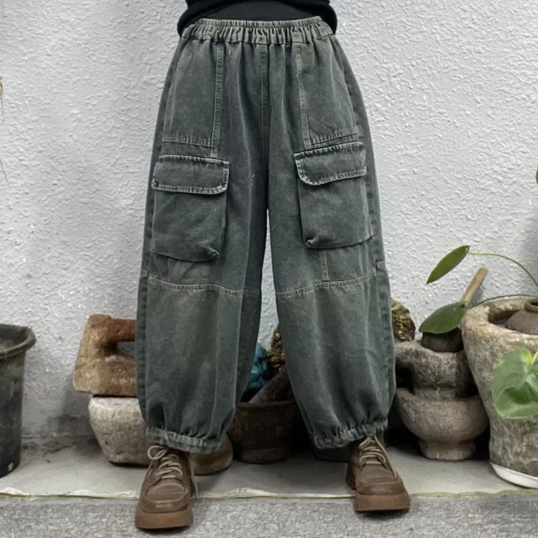 8893复古蓝前腿两口袋走明线炒色内抽绳牛仔裤（长84臀围122脚口46