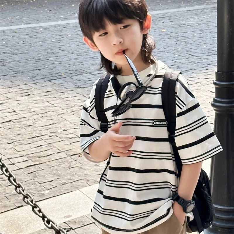 儿童新品条纹纯棉短袖男童T恤宽松休闲中大童圆领儿童洋气上衣