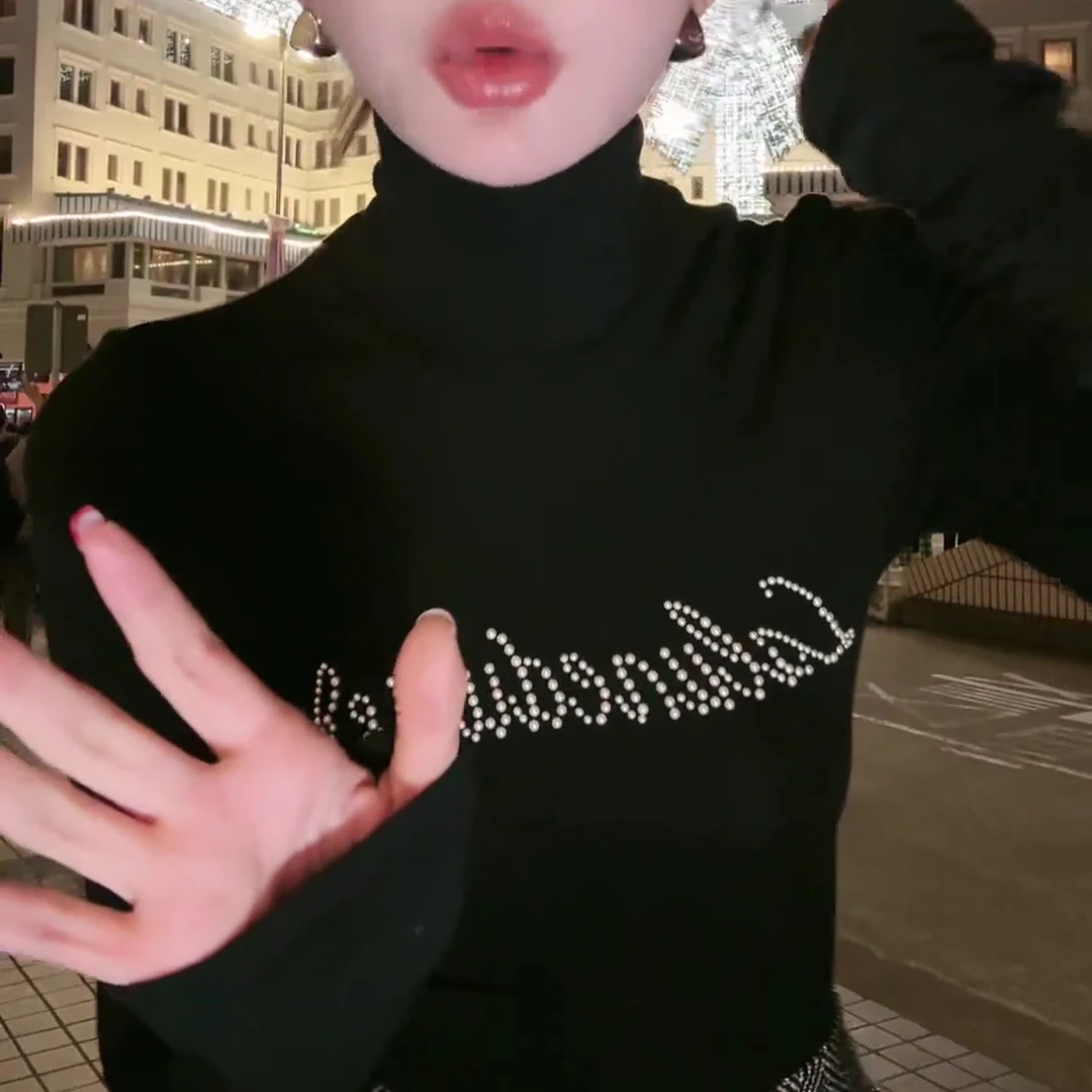 2024秋冬新款高领长袖打底衫钉珠黑色内搭上衣百搭T恤LK2501079