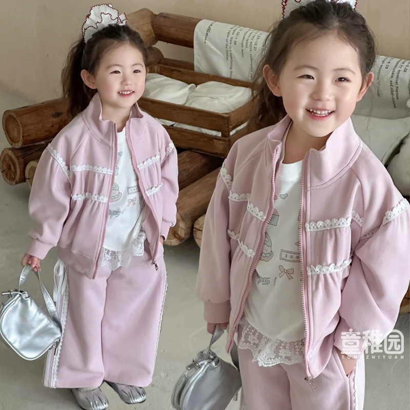 女童春秋季新款时尚百搭花边洋气套装儿童休闲童装宝宝两件套秋装