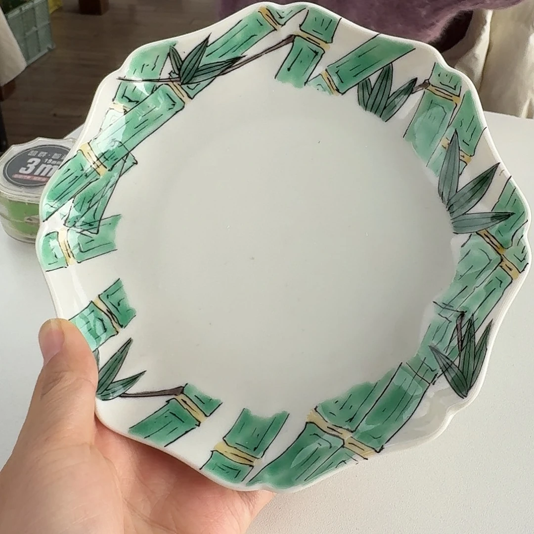 瓷片九谷烧手绘竹子15厘米葵型盘