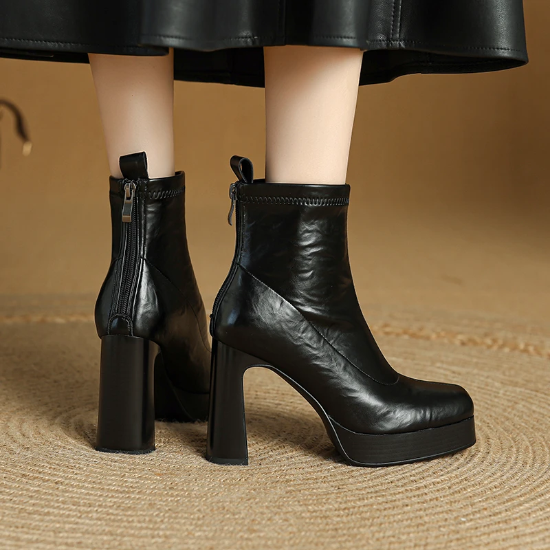 10cm粗跟短靴女时尚百搭方头瘦瘦靴2025年新款秋冬气质高跟弹力靴