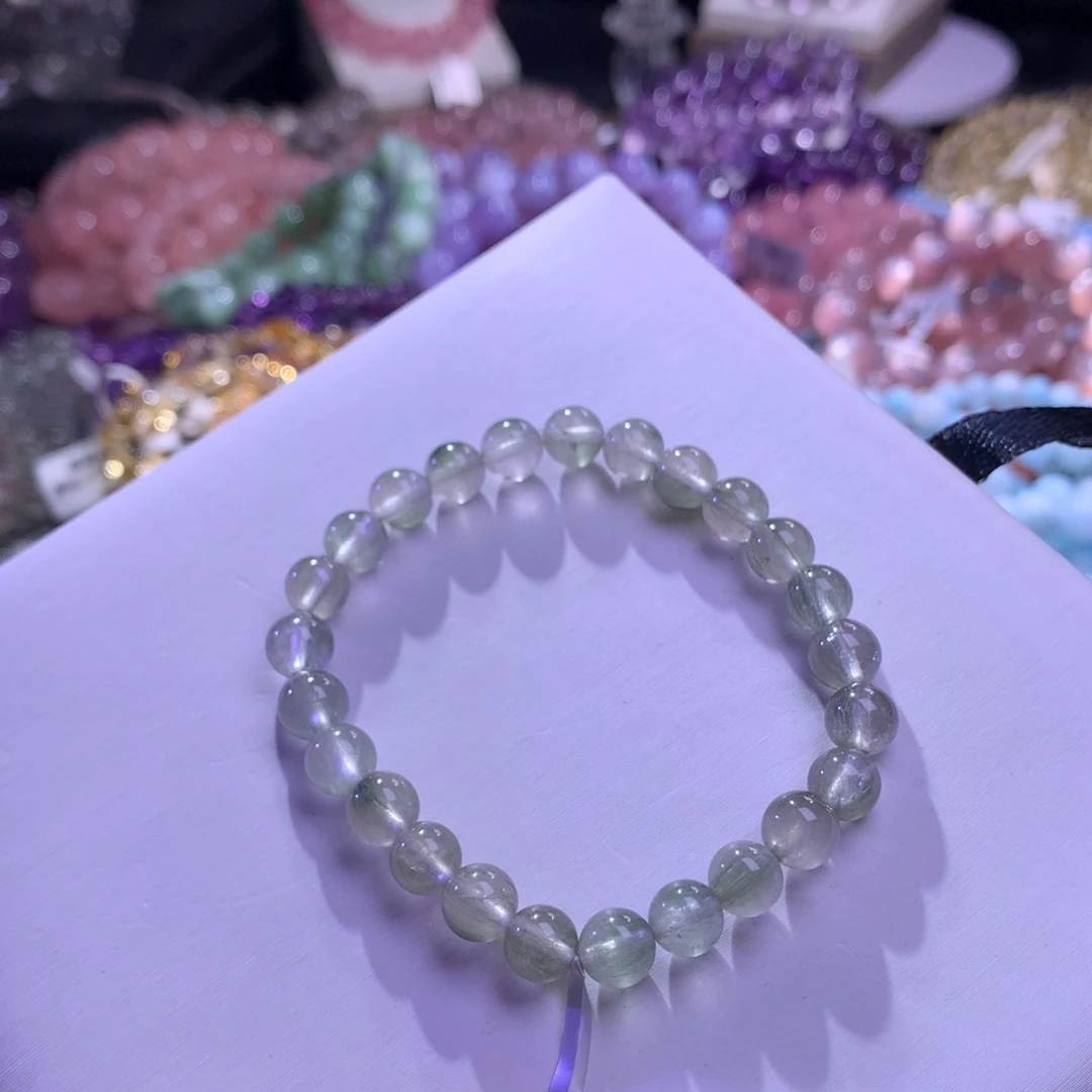 银S925镶嵌手串水晶绿兔毛7m