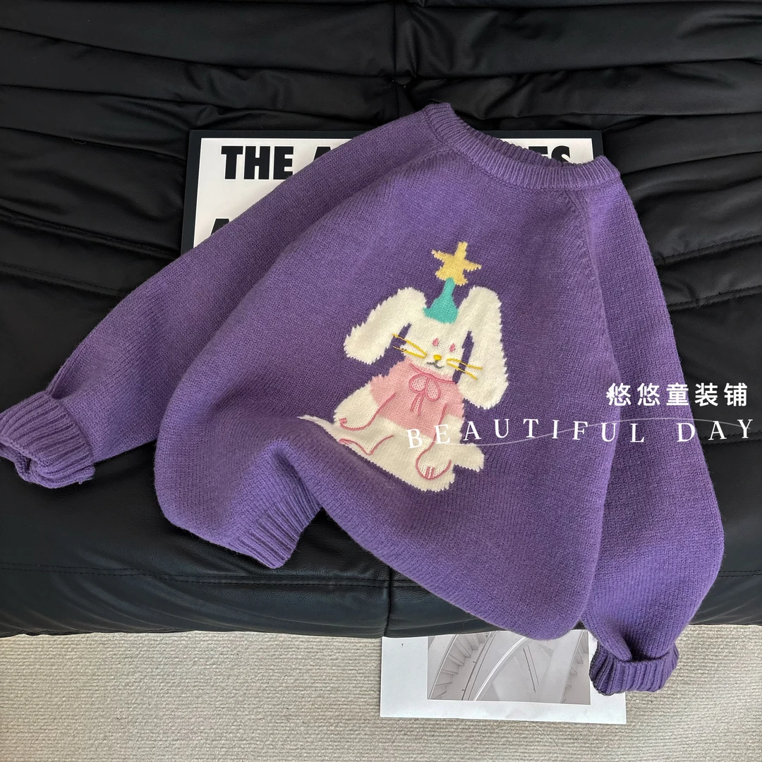 女童毛衣韩版卡通图提花保暖针织毛衣紫色长袖休闲风时髦洋气
