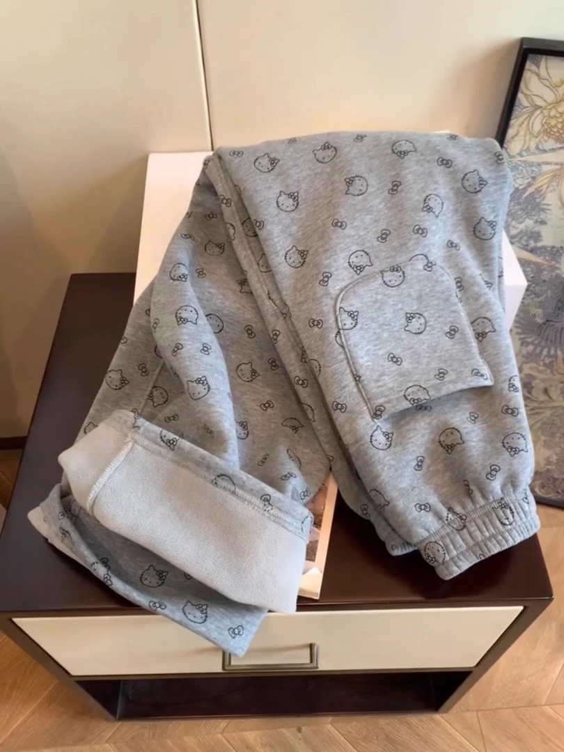 灰色Kitty猫印花加绒休闲裤女2025早秋高腰卡通百搭阔腿直筒裤子