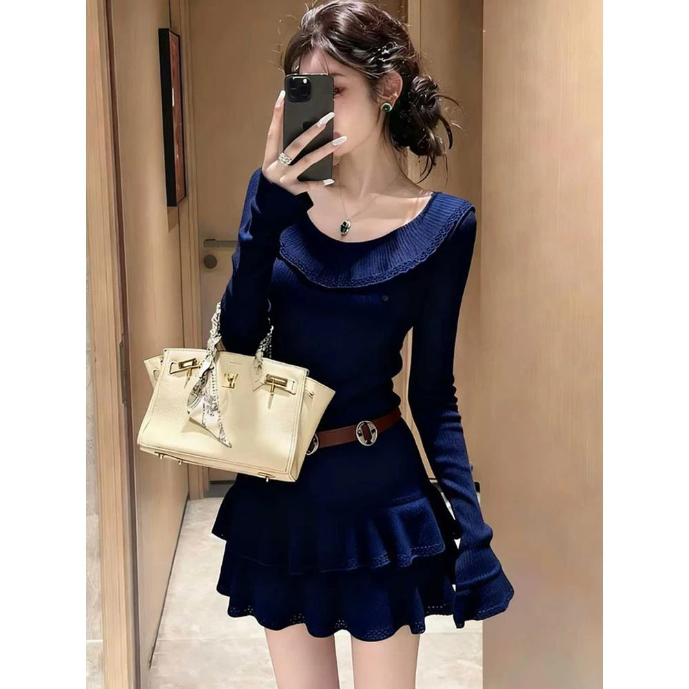 秋冬巨好看的配大衣打底小短裙富家千金miu系穿搭假两件连衣裙女
