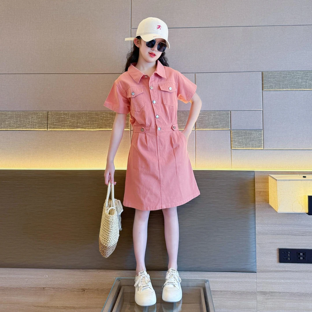 女童连衣裙夏季2025新款洋气儿童夏装学院风短袖大童网红工装裙子