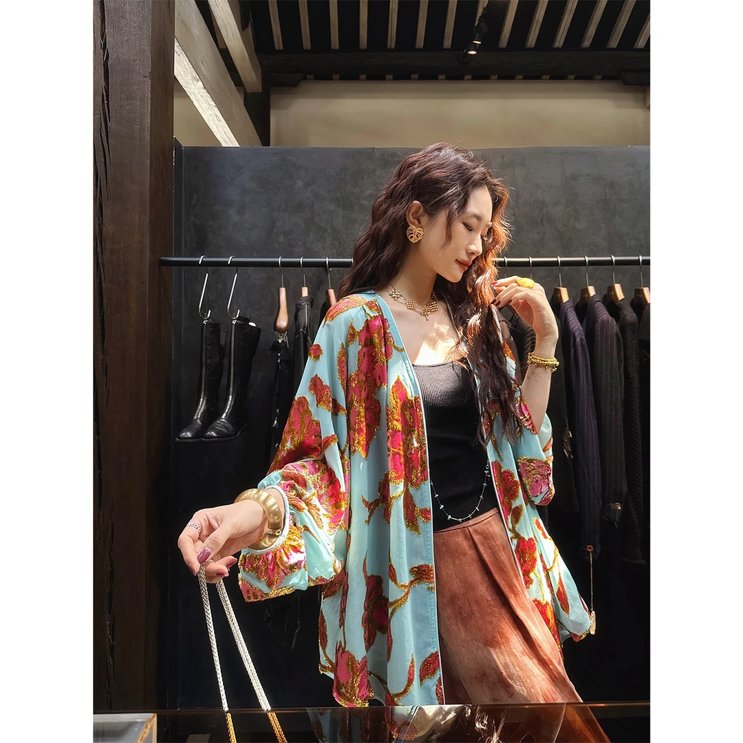 三吉黑花【南枝仙】新中式非遗梭织丝绒烂花衬衫女外套国风洋气潮