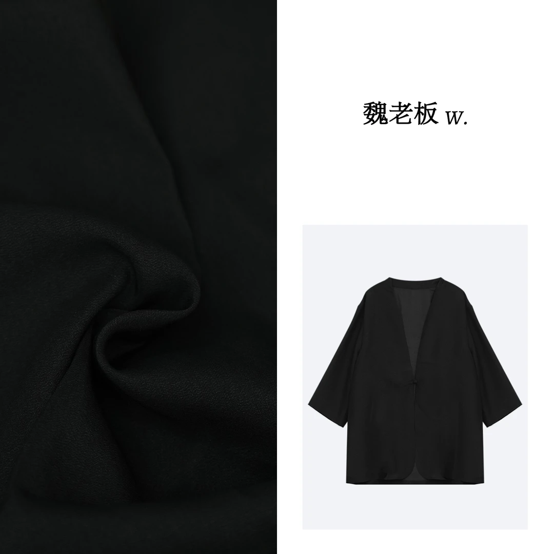 W.Diva【刚柔共塑】春季黑色桑蚕丝醋酸休闲宽松无领小衫2SDM5A017