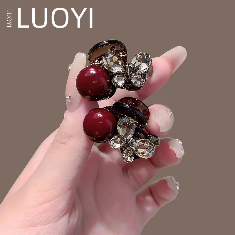 2.5cm 水晶蝴蝶发夹红色珍珠迷你小抓夹女侧边刘海夹半抓发抓头饰