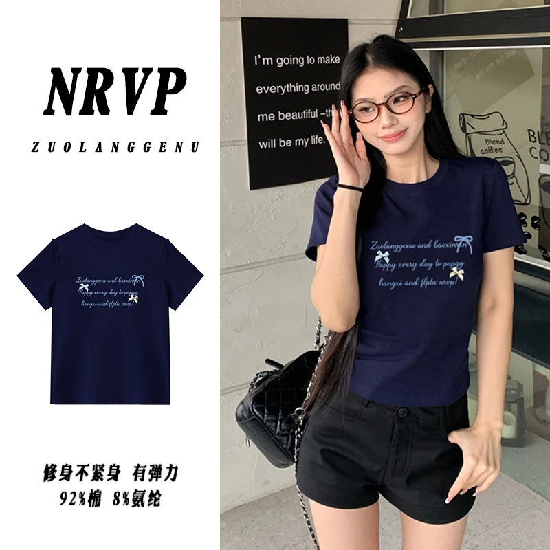 品质简约蝴蝶结正肩短袖t恤女上衣女胖mm显瘦遮肉修身弹力棉上衣