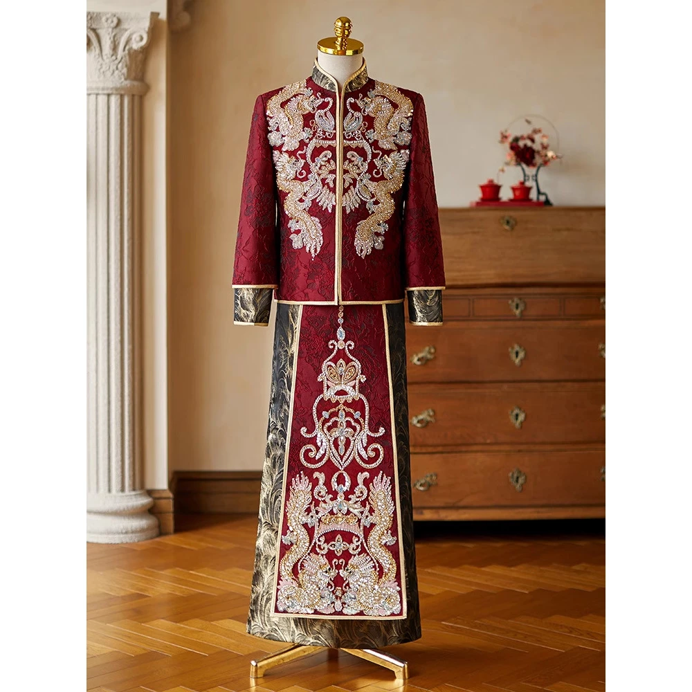新款酒红色男士唐装敬酒服秀禾服新郎中式结婚礼服大码高端接亲服