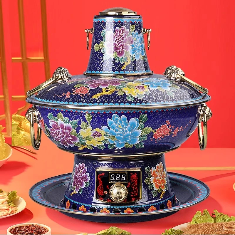 景泰蓝铜火锅家用电碳两用铜火锅炉木炭可插电老式涮羊肉珐琅铜锅